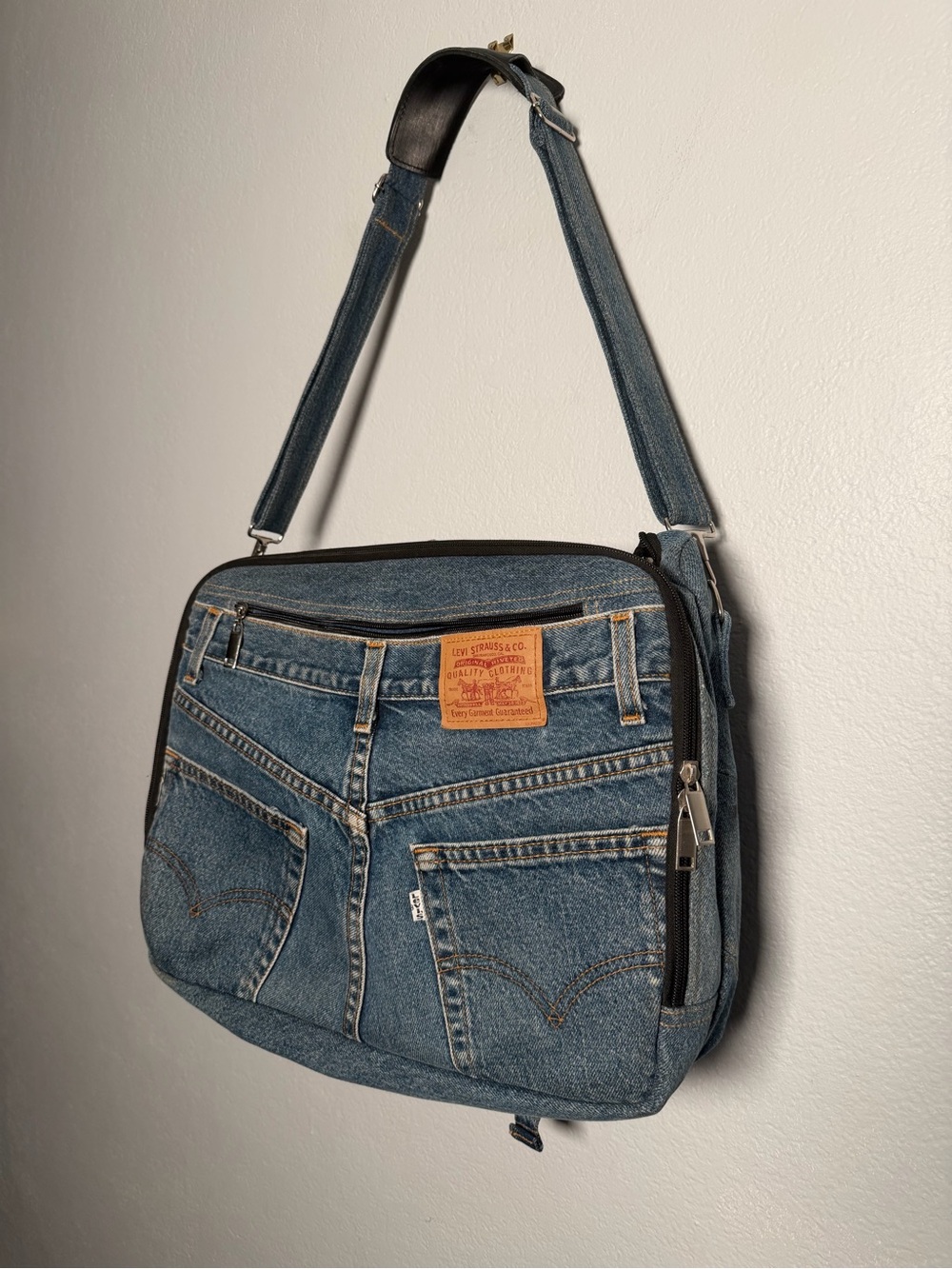 Levi's Jeans Denim Messenger Laptop Bag with Pocket Detailing upcycled unique!!!